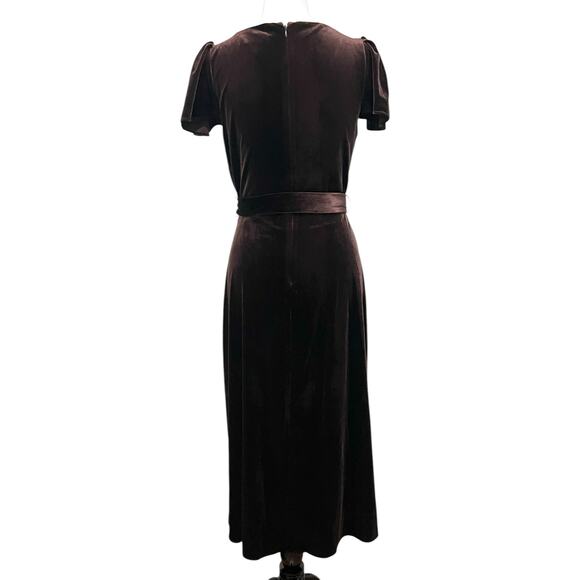 DKNY Women’s Brown Velvet Faux-Wrap Flutter-Sleeve Dress Midi Belted Womens 10 - Picture 8 of 12